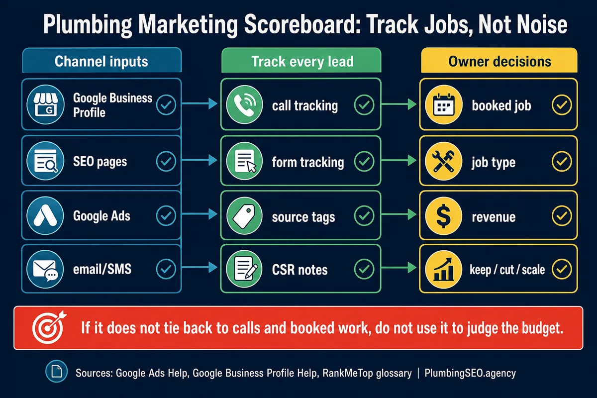 Marketing scoreboard showing plumber calls by SEO, Google Ads, Maps, reviews, and website conversion