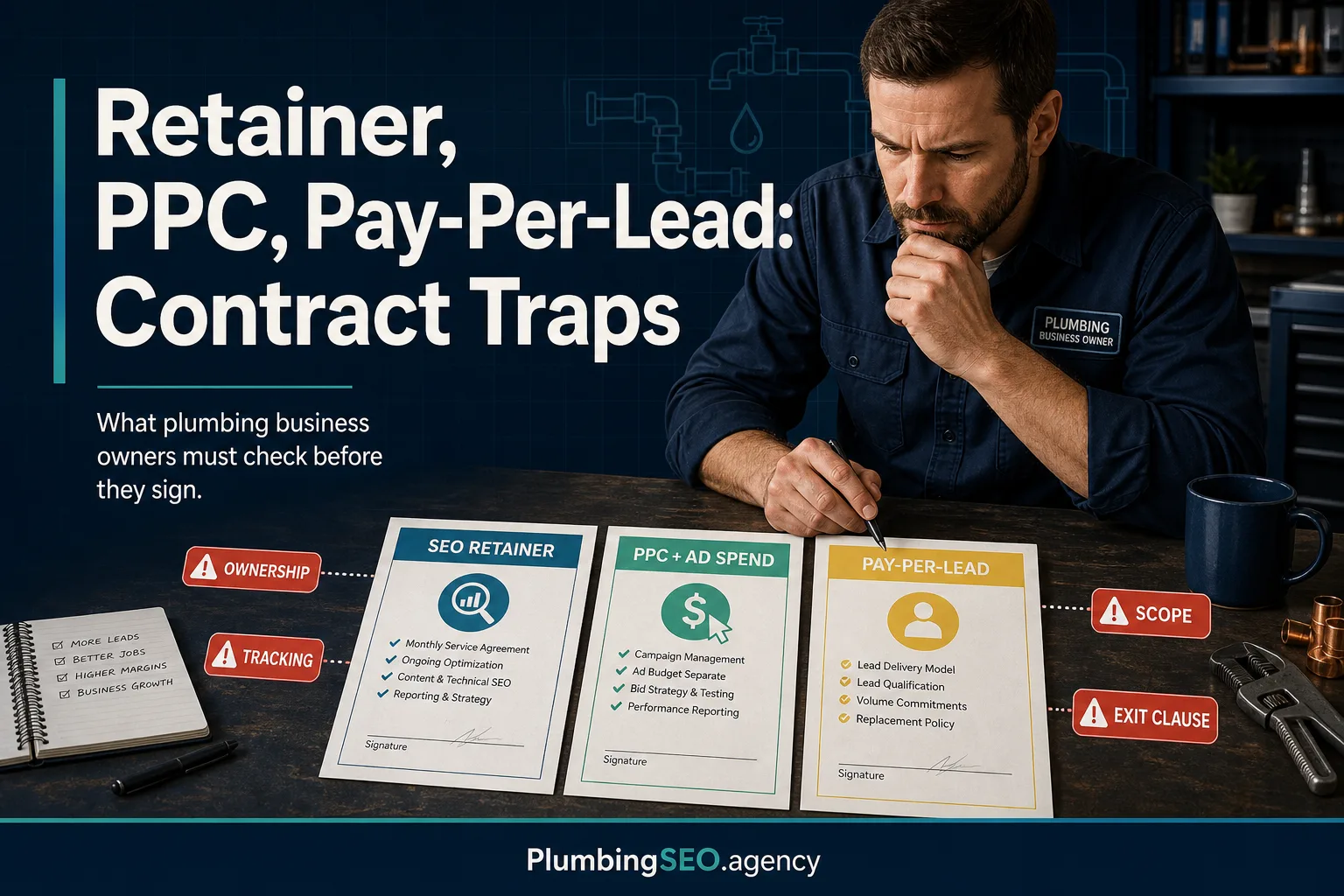 Plumbing marketing contract traps hero graphic showing retainer, PPC, and pay-per-lead warning areas.
