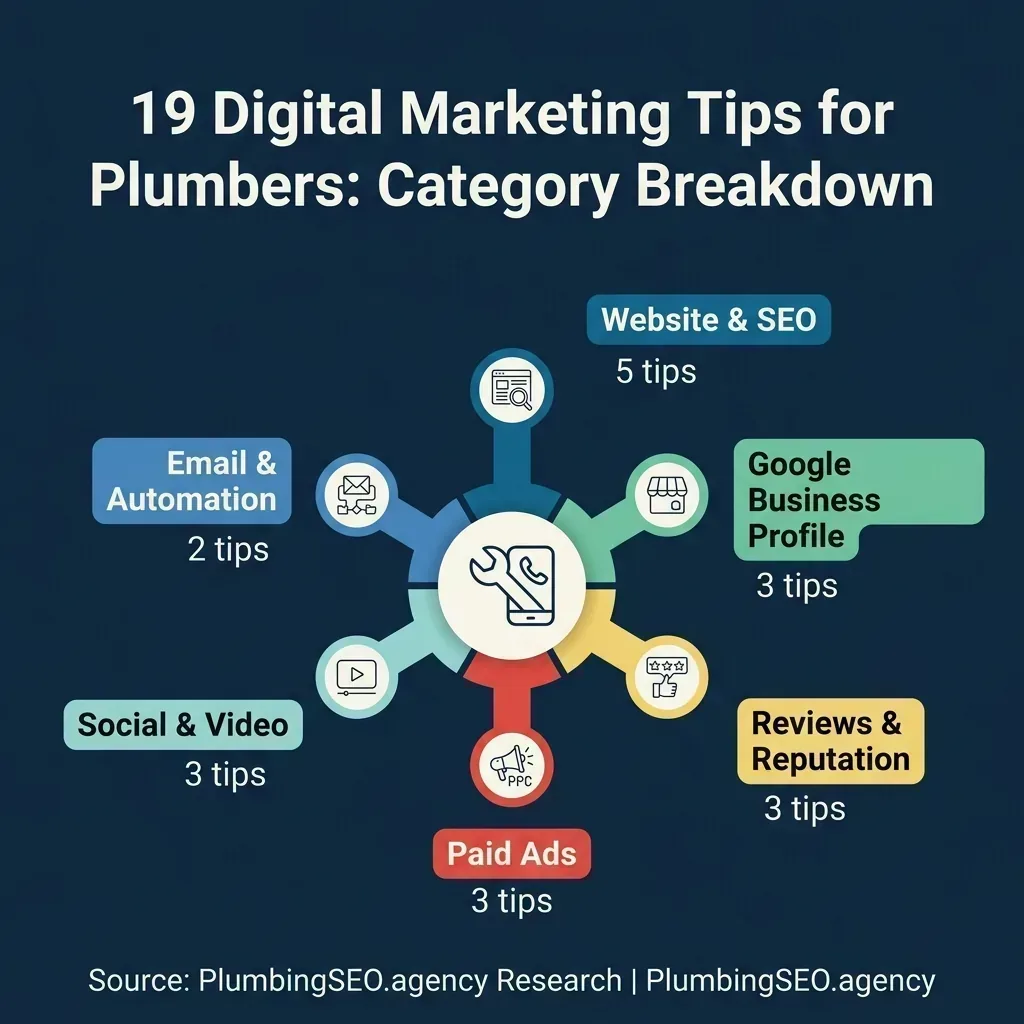 19 digital marketing tips for plumbers organized into 6 categories