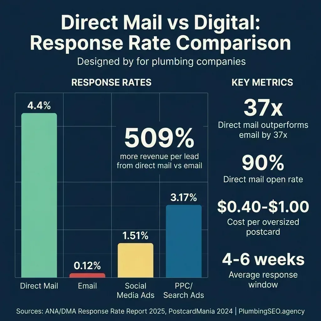 Infographic comparing direct mail versus digital response rates showing direct mail at 4.4% versus email at 0.12%