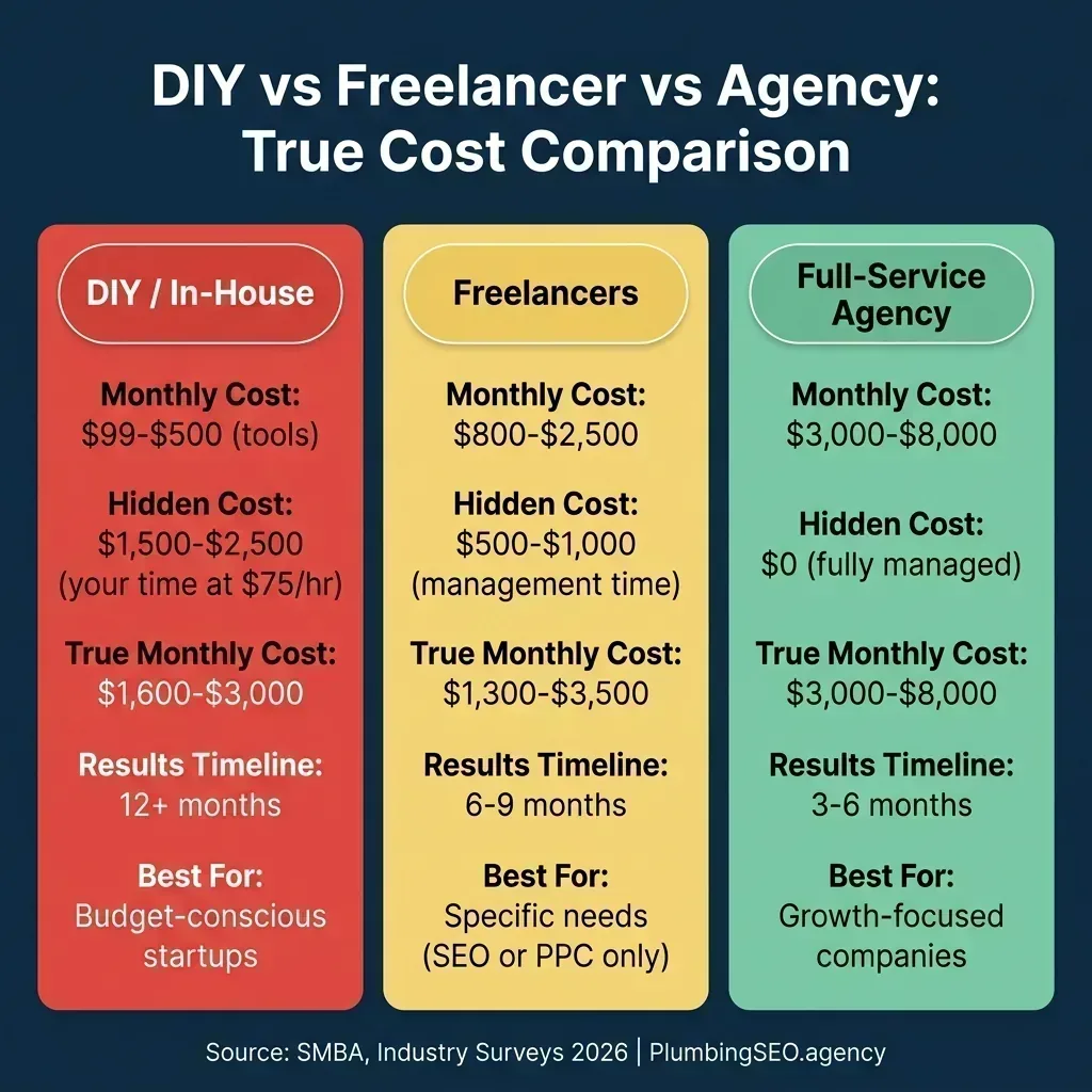 DIY vs Freelancer vs Agency True Cost Comparison for Plumber Marketing