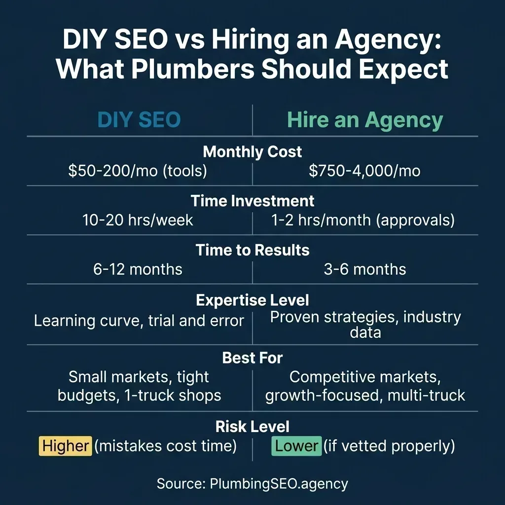 Comparison of DIY SEO vs hiring an agency for plumbing companies showing cost, time, and results differences