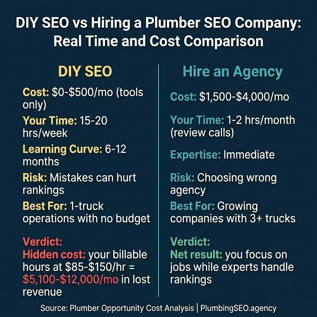 Side-by-side cost comparison infographic of DIY SEO versus hiring a plumber SEO company, showing time investment, costs, and hidden opportunity costs