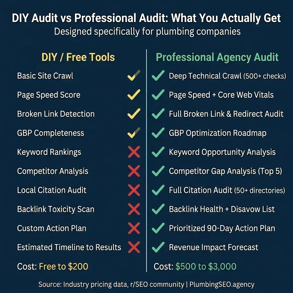 Comparison chart showing what DIY free tools can check versus what a professional agency audit covers, including cost ranges from free to 200 dollars for DIY versus 500 to 3000 dollars for professional