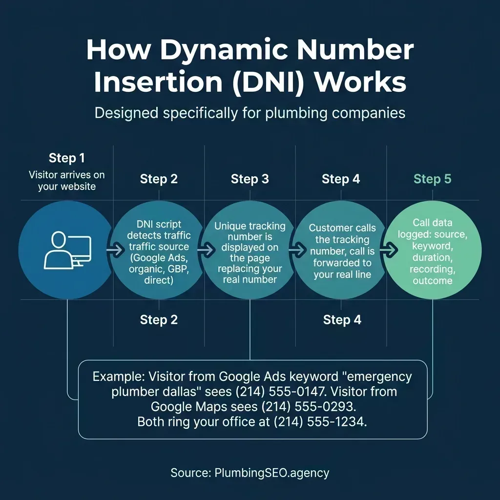 Flow diagram showing 5 steps of Dynamic Number Insertion: visitor arrives, DNI detects source, unique number displayed, customer calls tracking number, call data logged with source and keyword