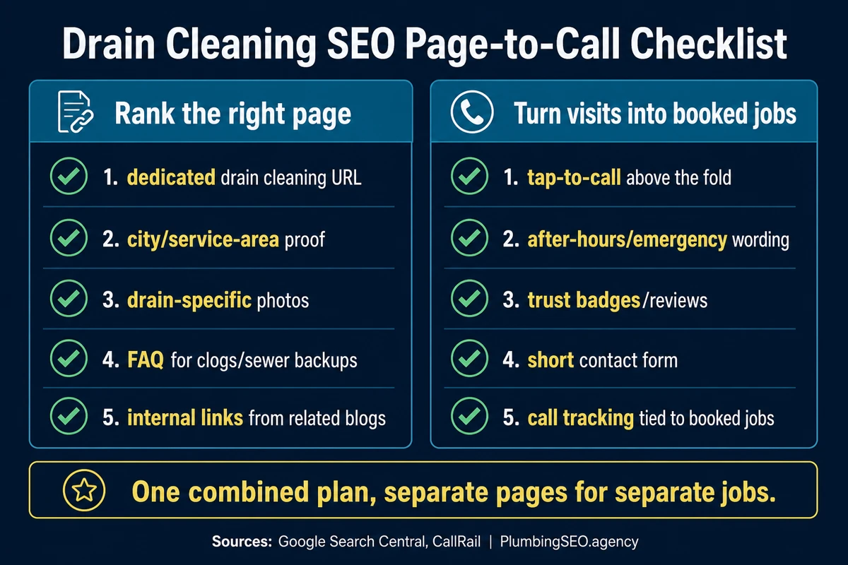 Drain cleaning SEO call checklist for service pages, local proof, phone visibility, and tracking