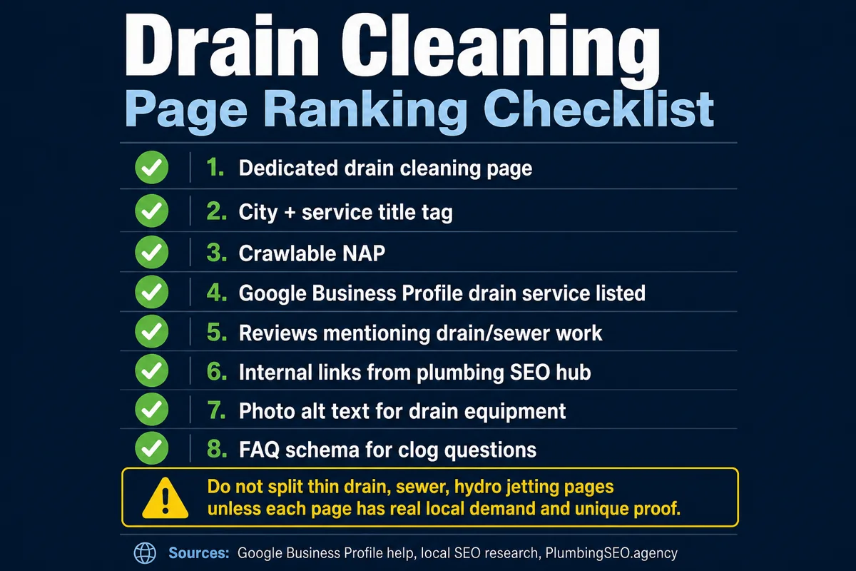 Drain cleaning page ranking checklist for plumbers including service page, title tag, NAP, reviews, internal links, image alt text, and FAQ schema
