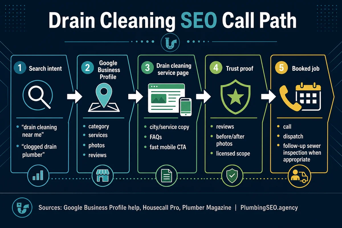 Drain cleaning SEO call path from local search to booked plumbing job