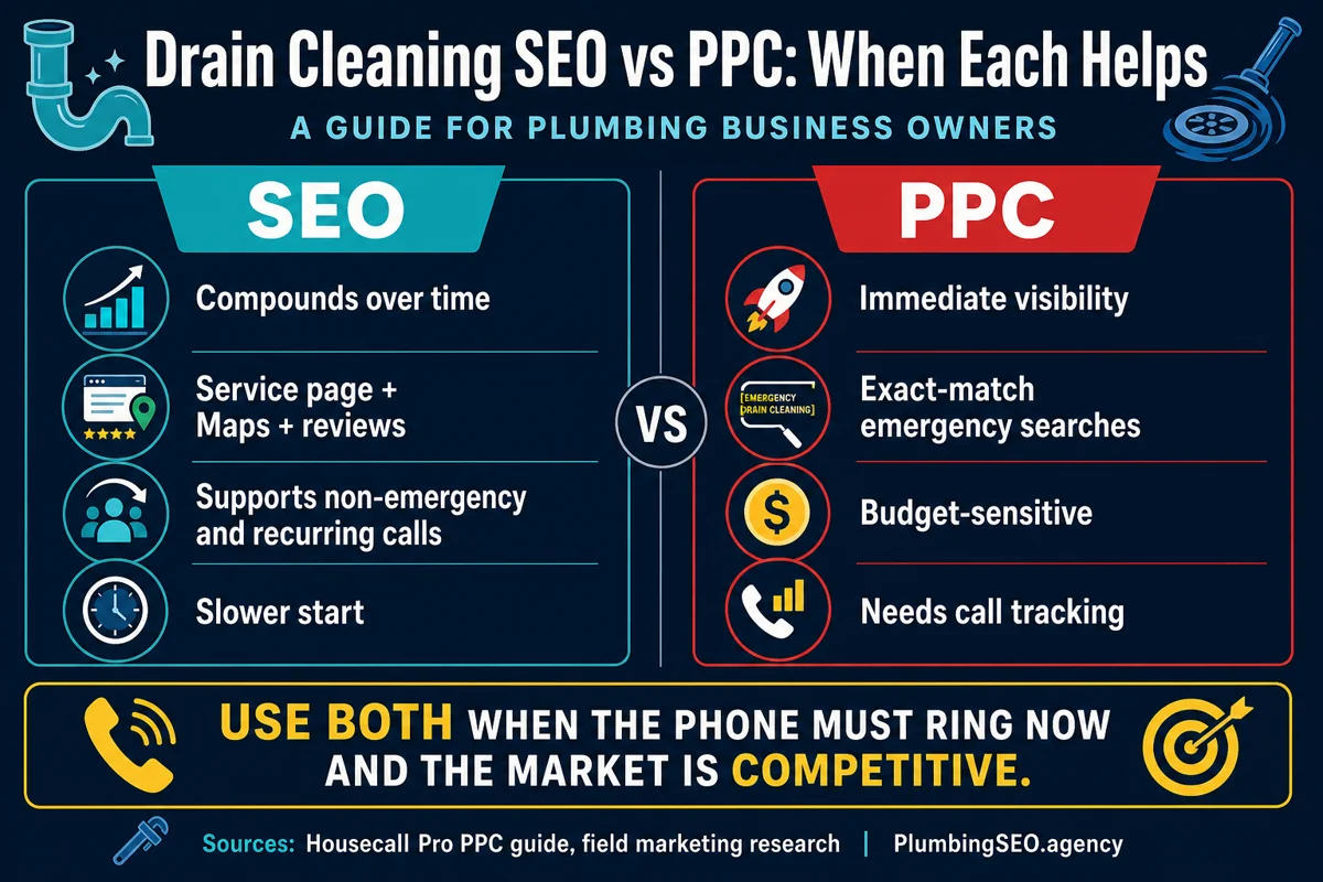 Drain cleaning SEO versus PPC comparison showing when each helps plumbing business owners
