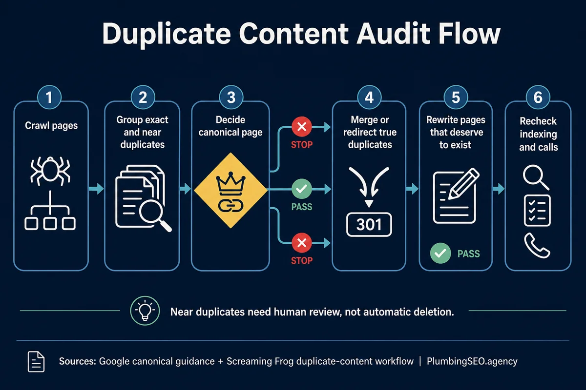 Plumbing website SEO audit process from crawl evidence to prioritized implementation plan