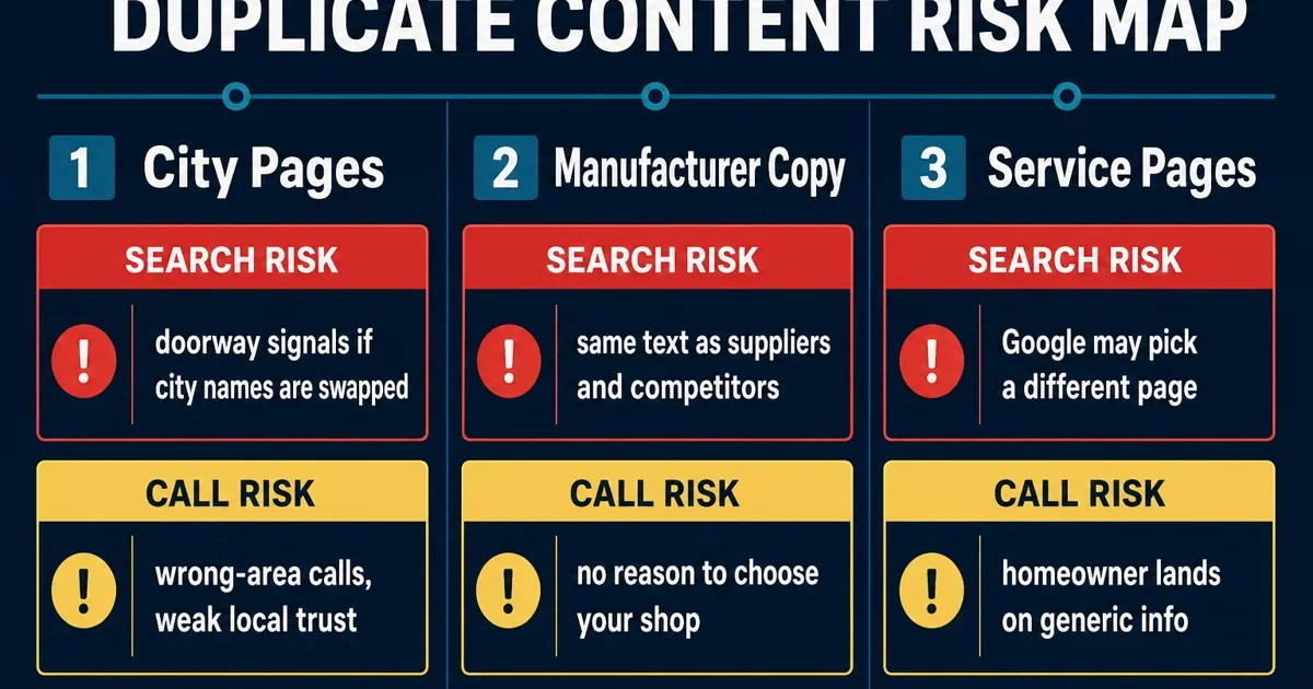 Duplicate content risk map for plumbing websites covering city pages manufacturer copy and service pages