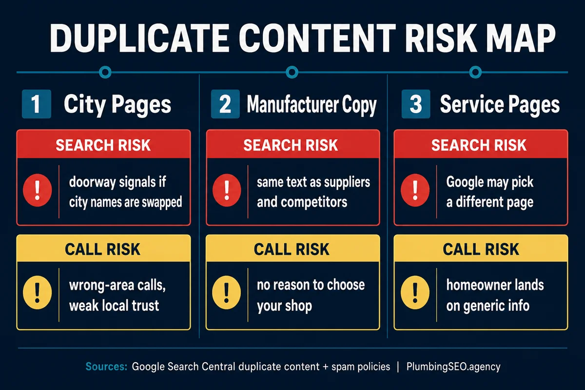Duplicate content risk map showing city pages, manufacturer copy, and service pages with search risk and call risk
