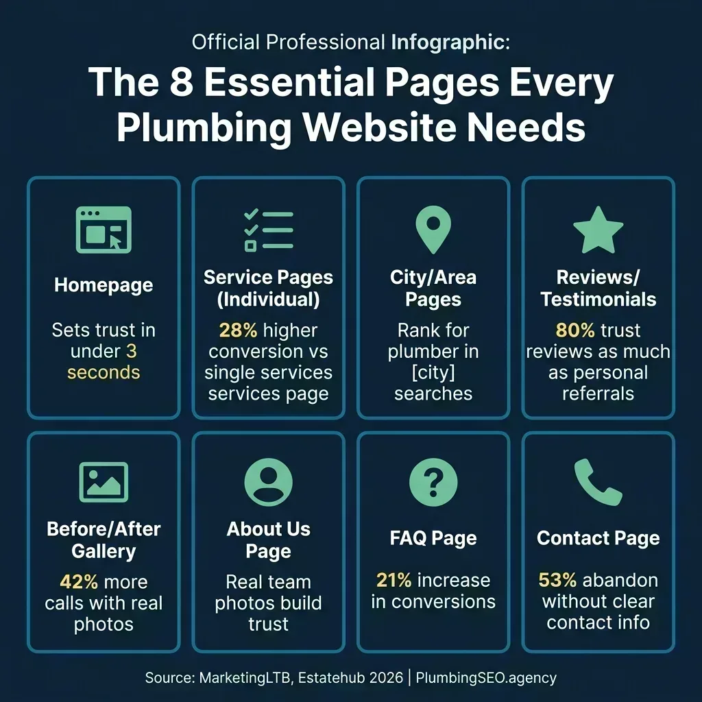 Grid showing 8 useful plumbing website page types, with key conversion statistics for each page type