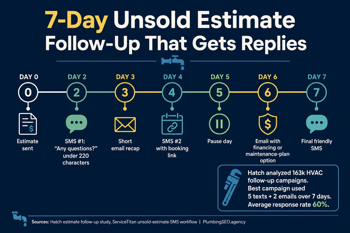 7-day email and SMS follow-up cadence for plumbing unsold estimates