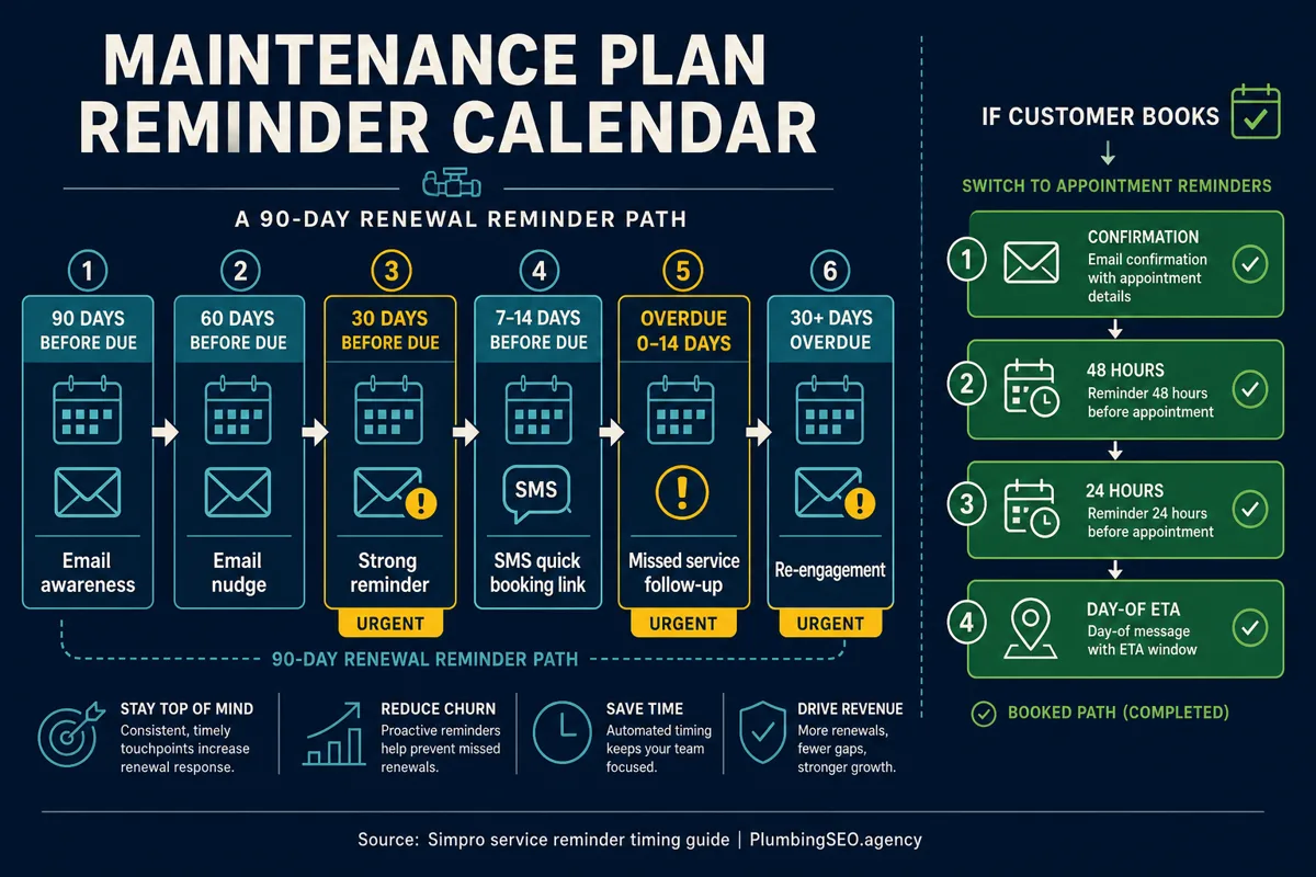 90-day maintenance plan reminder calendar for plumbing customers using email and SMS