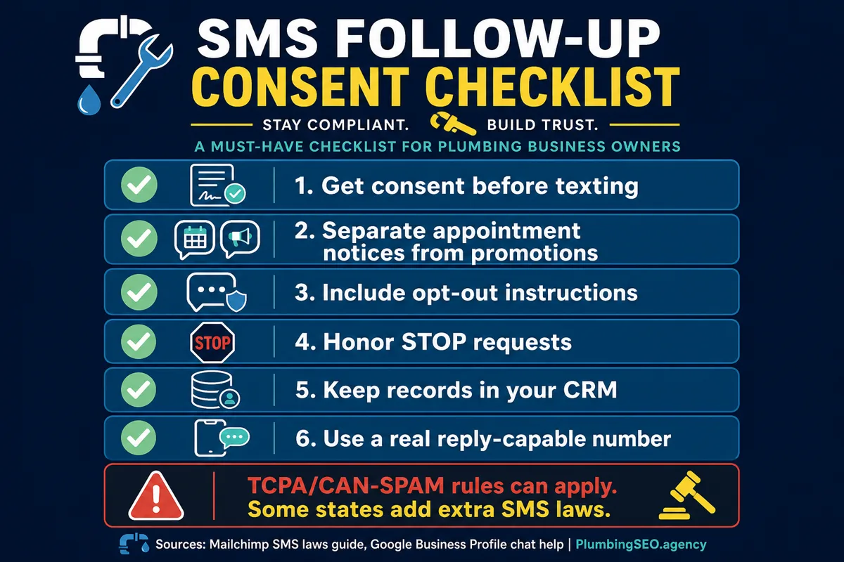 SMS follow-up consent checklist for plumbers covering opt out records and reply capable numbers