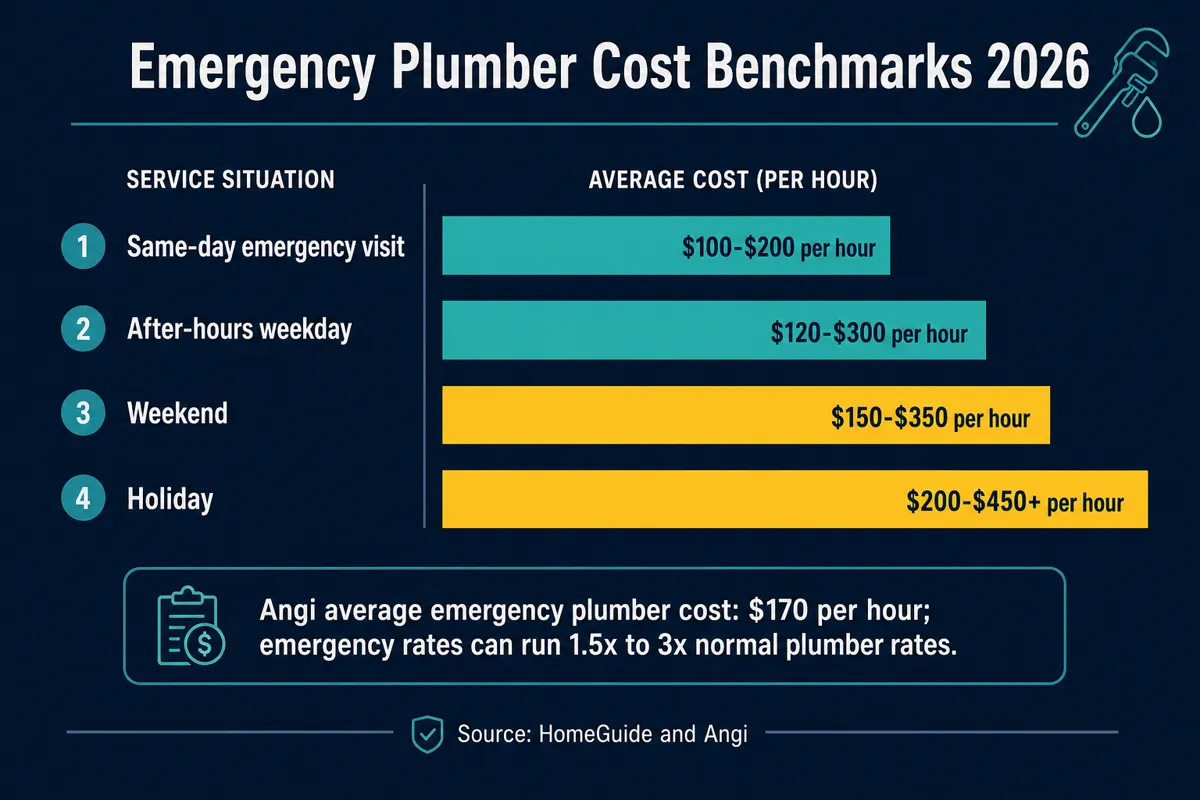 Emergency plumber cost benchmark bar chart for same day, after hours, weekend, and holiday emergency plumbing service