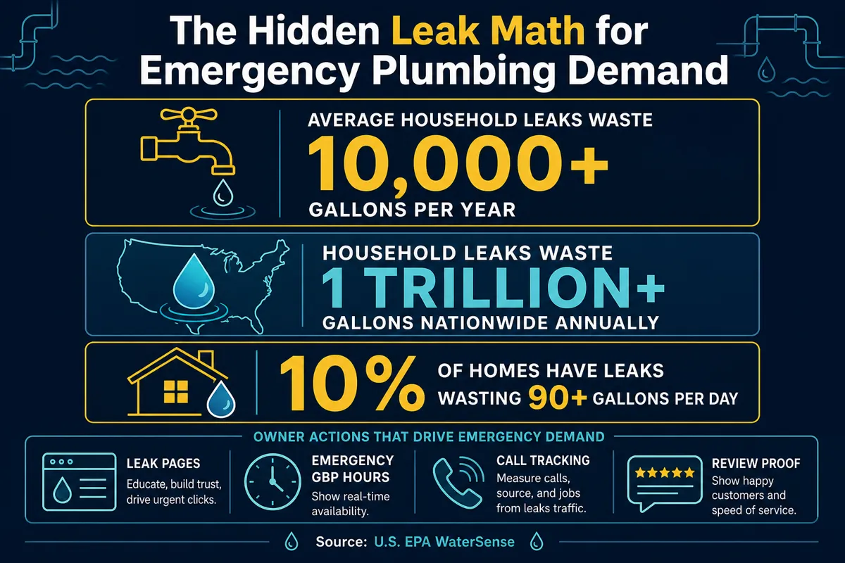 Hidden leak math infographic showing 10000 gallons per year, 1 trillion gallons nationwide, and 10 percent of homes wasting 90 gallons per day