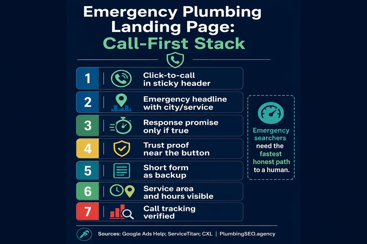 Emergency plumbing landing page call-first mobile checklist