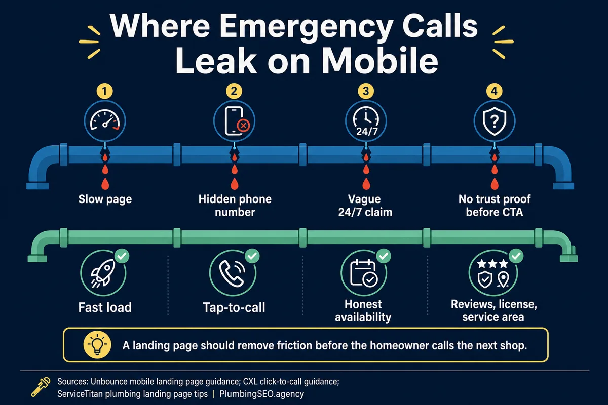 Where emergency plumbing calls leak on mobile landing pages