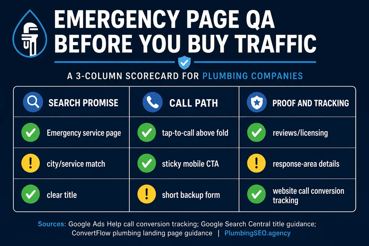 Emergency plumbing page QA scorecard before buying traffic