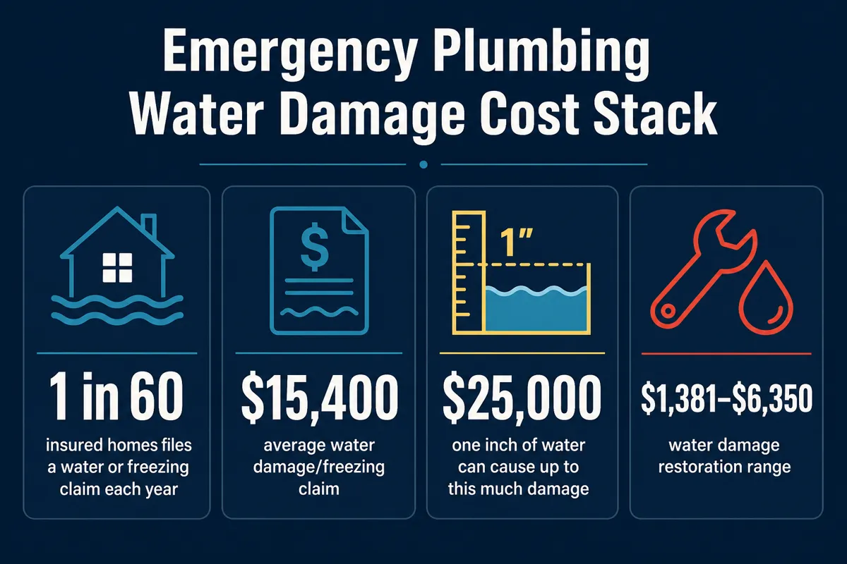 Emergency plumbing water damage statistics cost stack infographic