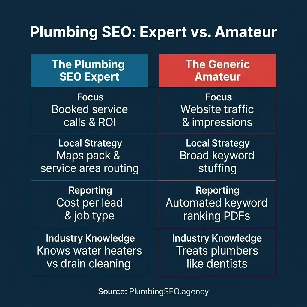 Comparison of a plumbing SEO expert versus a generic local marketing agency
