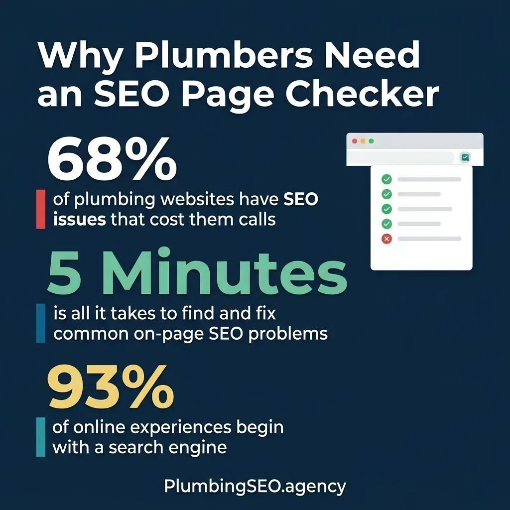 Infographic showing why plumbers need an SEO page checker: 68% of plumbing websites have SEO issues, 5 minutes to find and fix problems, 93% of experiences begin with search