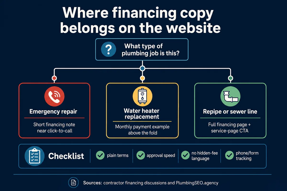 Decision tree showing where financing copy belongs for emergency repairs, water heater replacements, repipes, and sewer line jobs