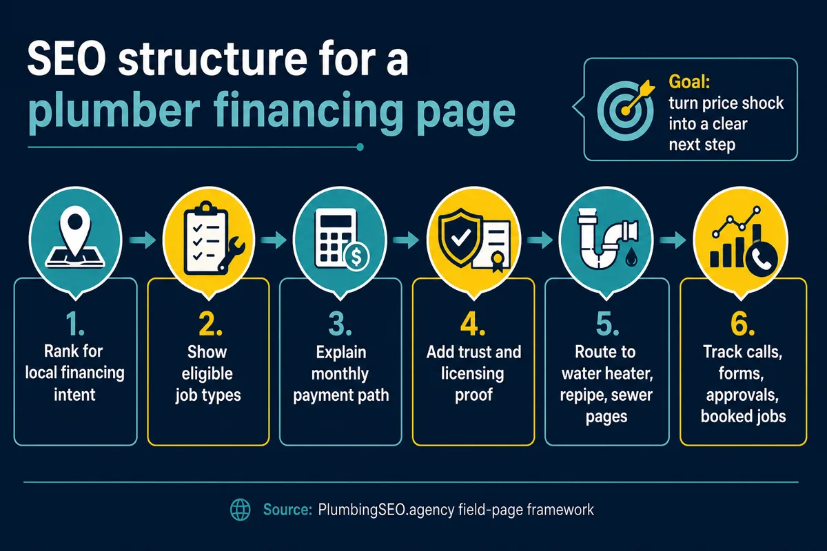 Six-step SEO structure for a plumbing financing page from local intent to tracking calls, forms, approvals, and booked jobs