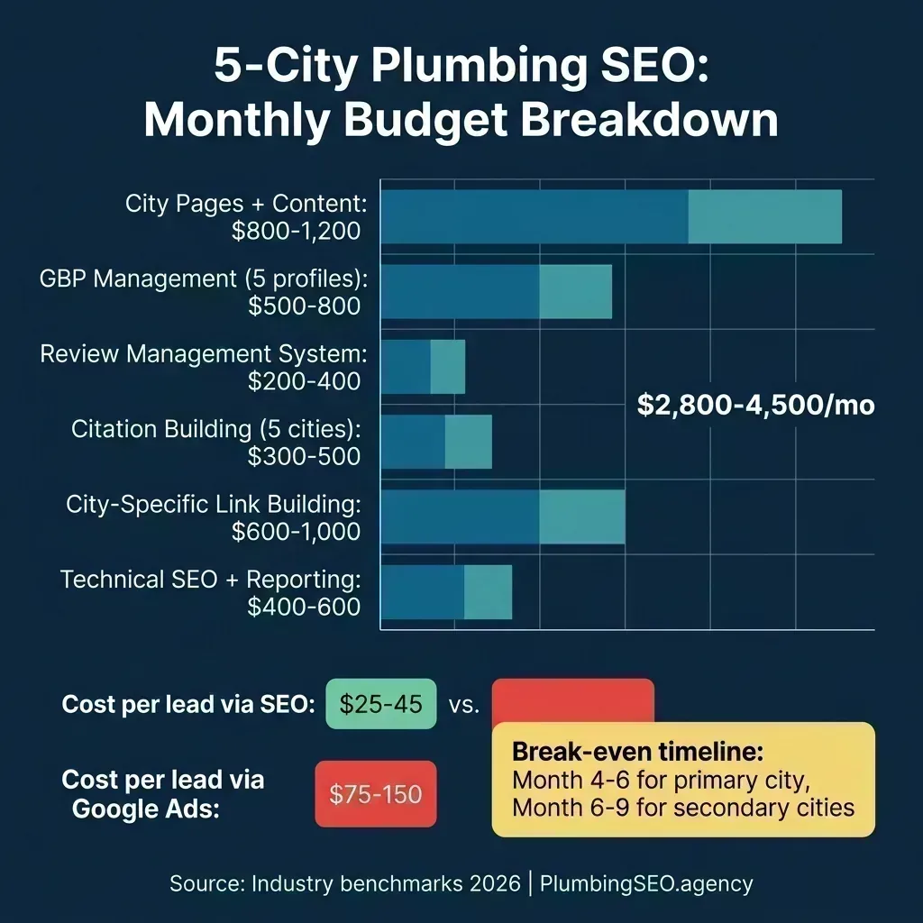 Budget breakdown for 5-city plumbing SEO: city pages $800-1200, GBP management $500-800, review system $200-400, citations $300-500, link building $600-1000, technical SEO $400-600, total $2800-4500/mo