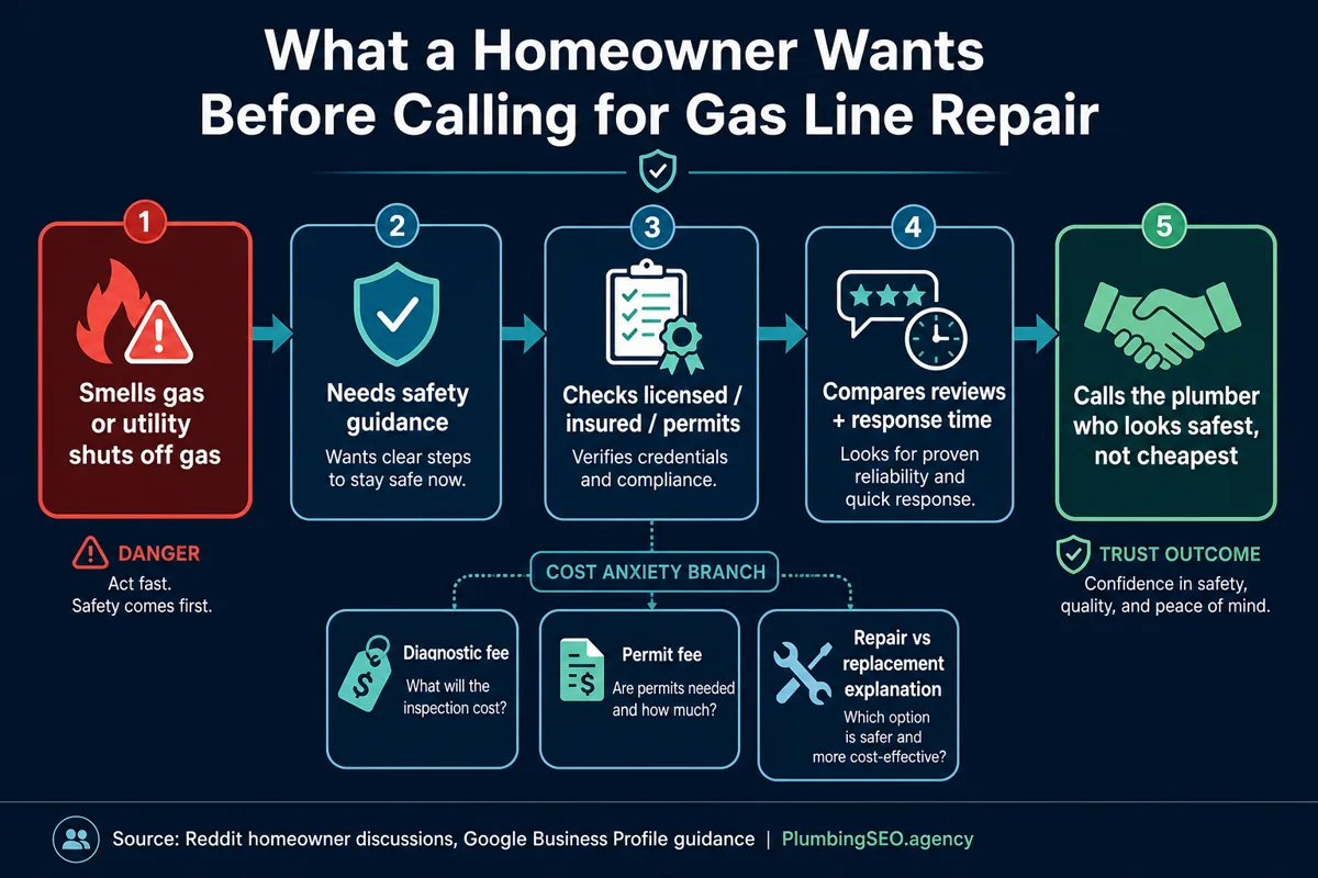 Decision tree showing what homeowners want before calling for gas line repair, from safety guidance to licensing, reviews, response time, and cost explanation