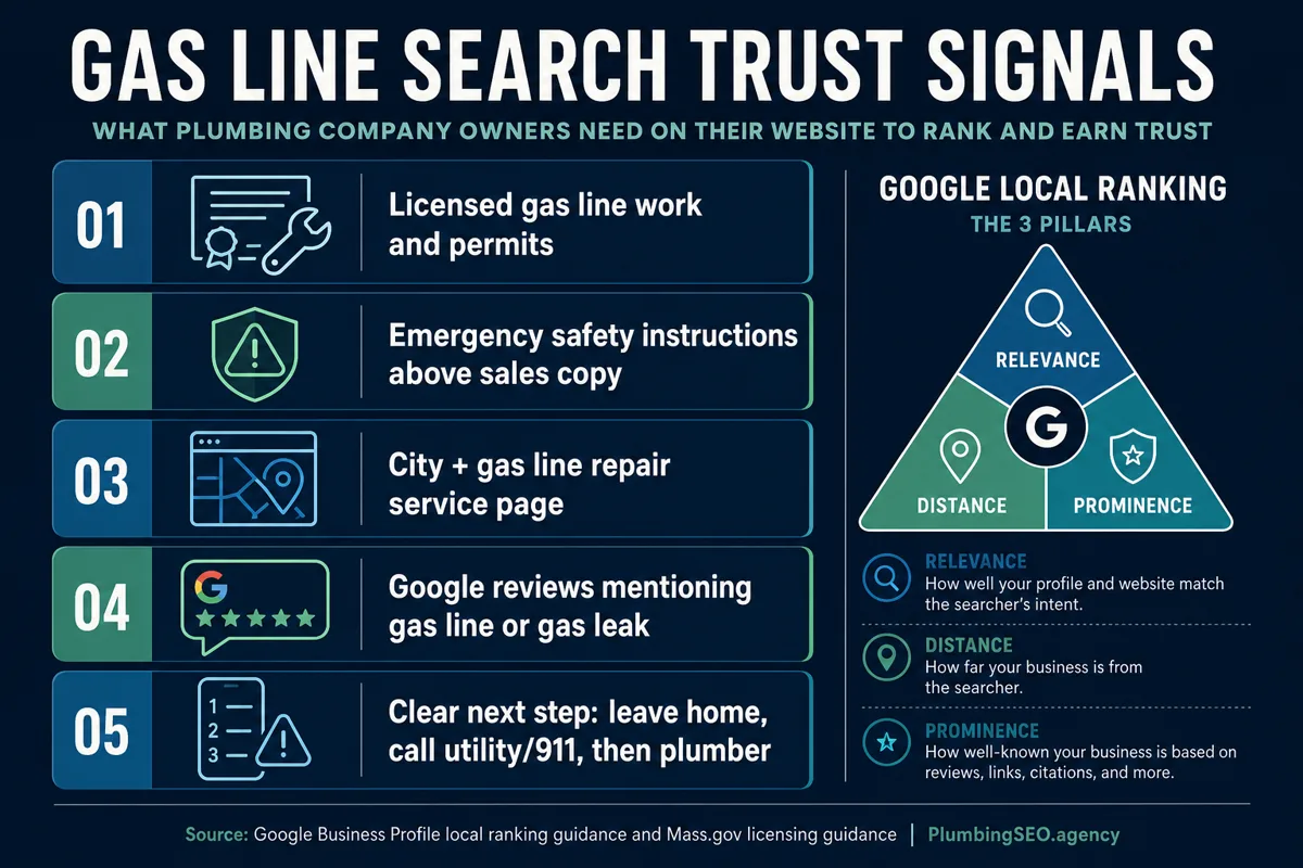 Gas line repair SEO trust signals for plumbing company service pages