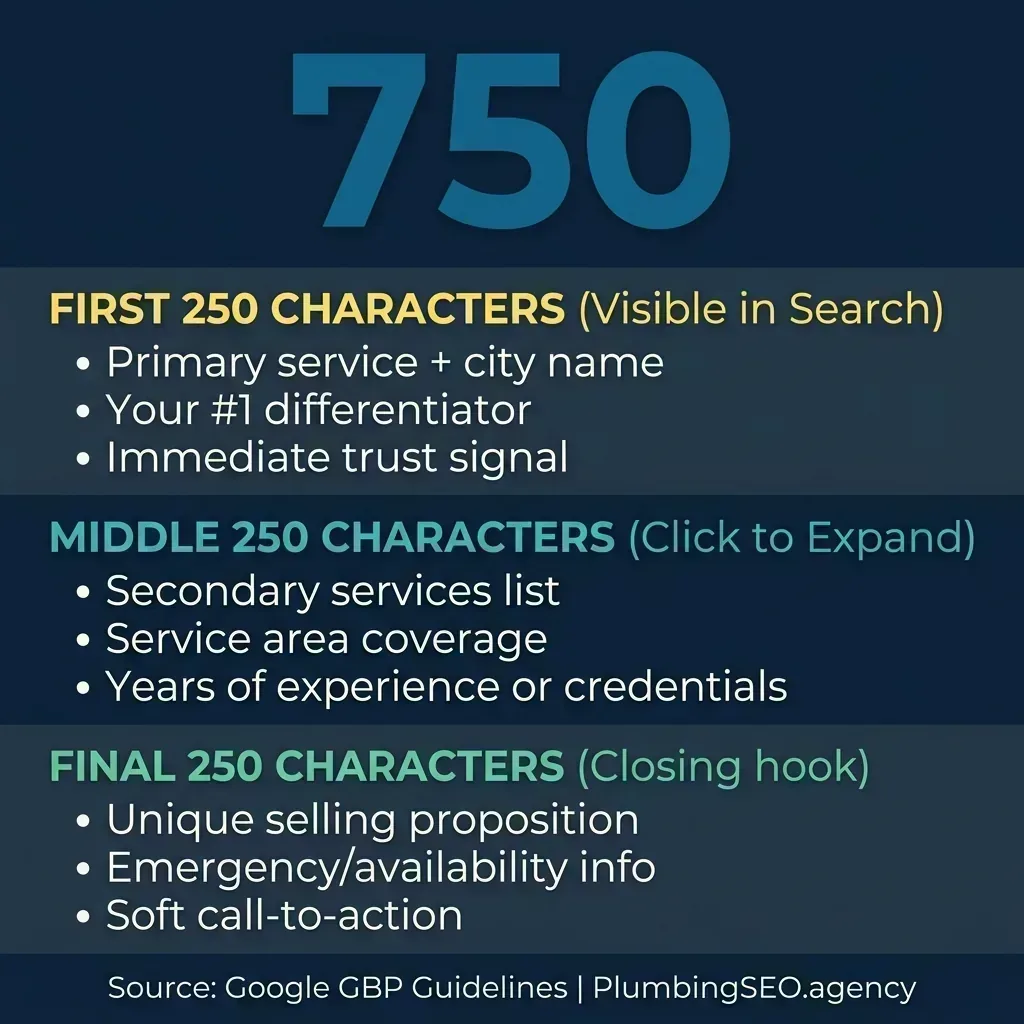 The 750-character GBP description framework showing three zones: first 250 characters visible in search, middle 250 for services and credentials, final 250 for closing hook