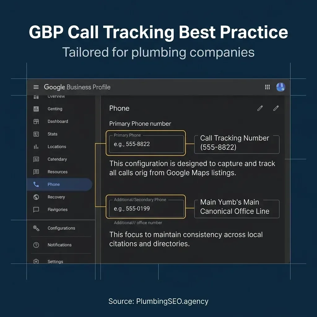 Google Business Profile phone configuration settings showing tracking number as primary and office line as secondary