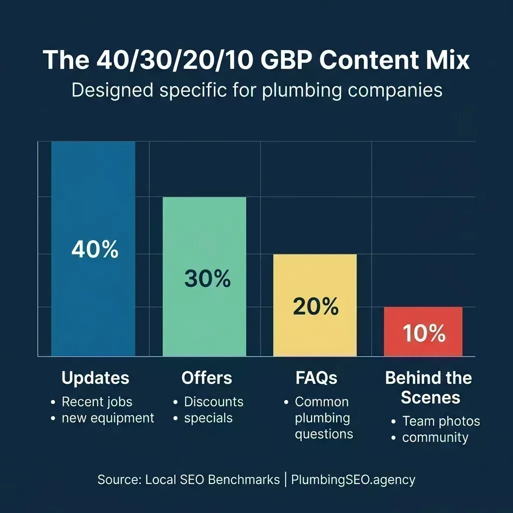 The 40/30/20/10 GBP Content Mix for plumbers: 40% Updates, 30% Offers, 20% FAQs, 10% Behind the Scenes
