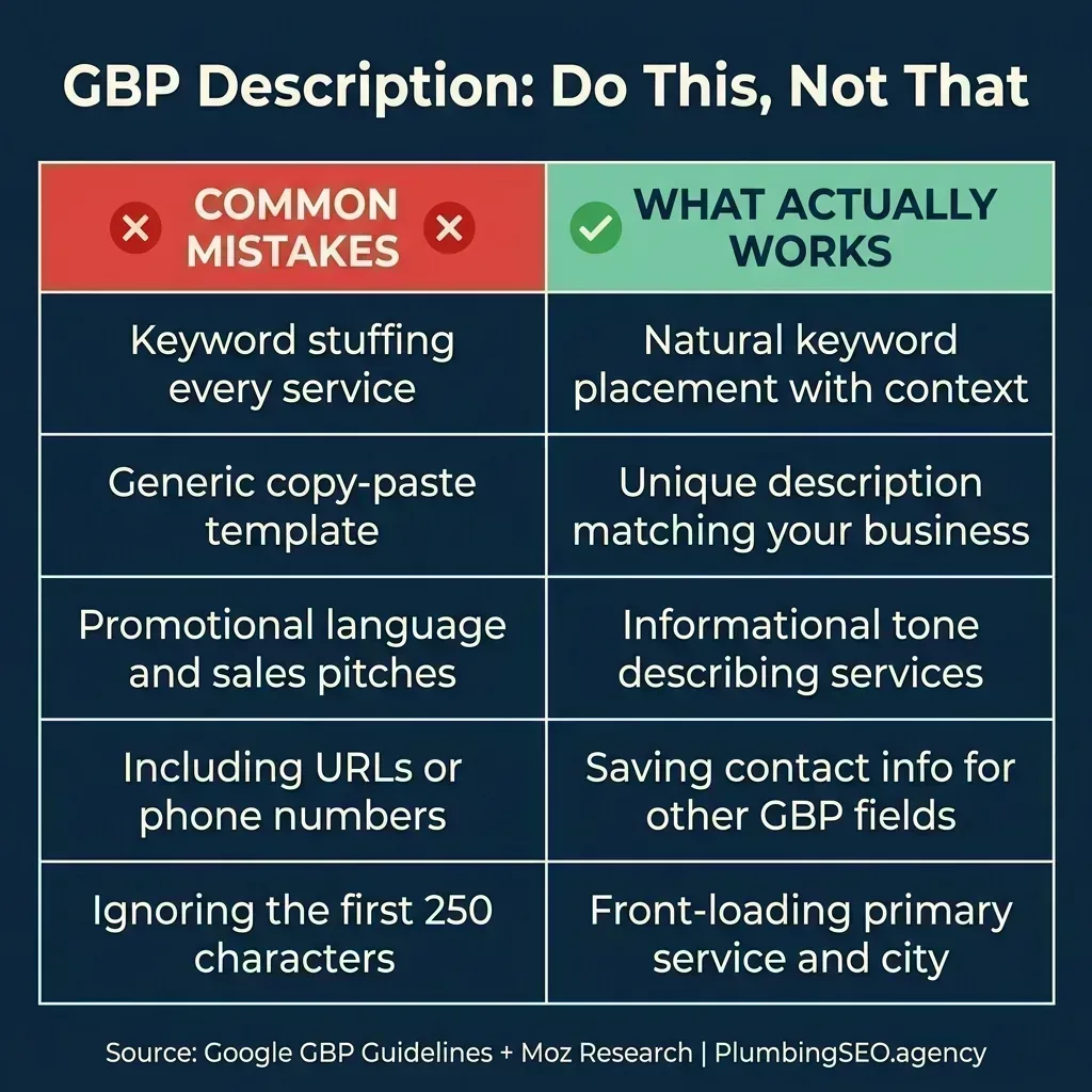 GBP description comparison: common mistakes on the left including keyword stuffing and promotional language, effective practices on the right including natural keywords and informational tone