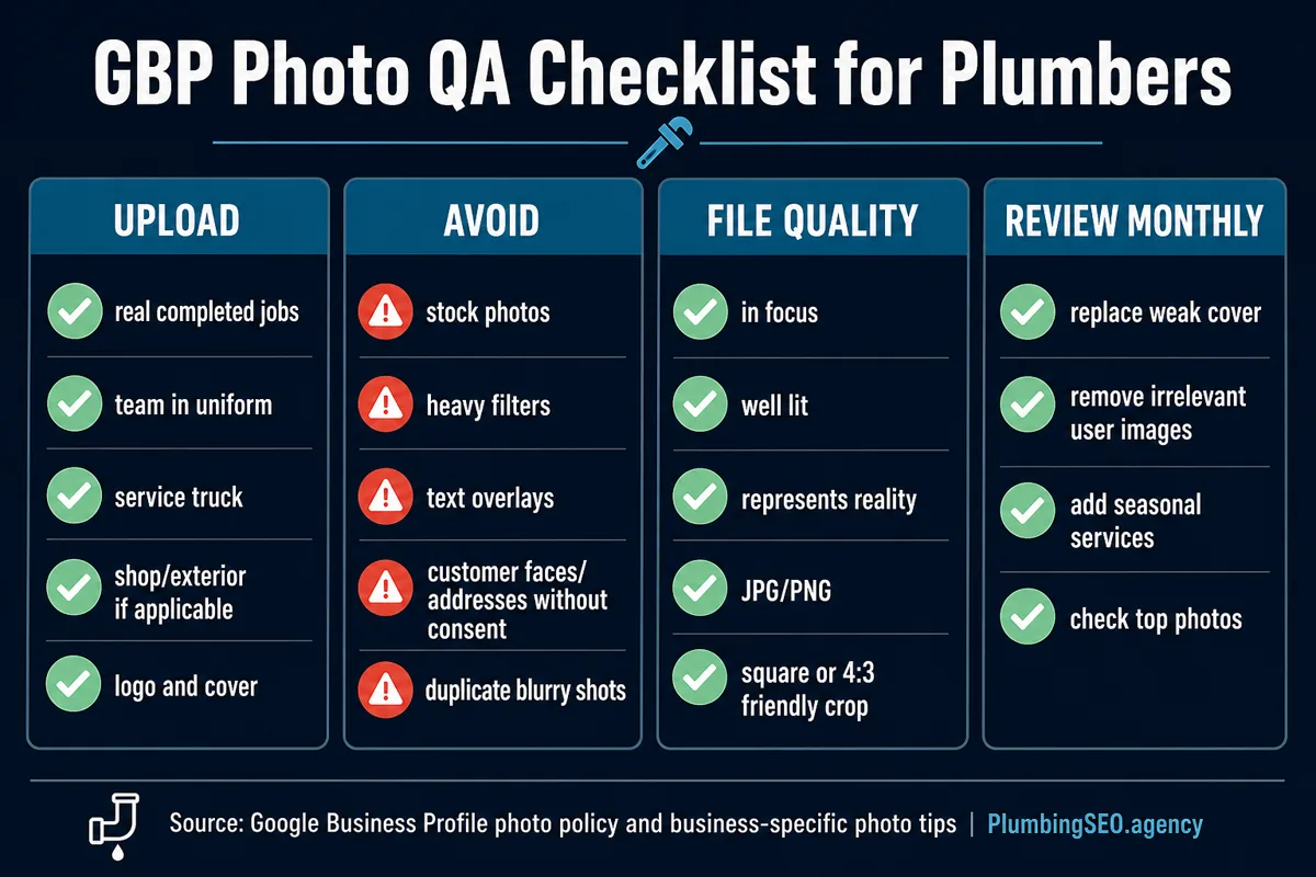 Infographic checklist for plumber Google Business Profile photo quality, including what to upload, what to avoid, file quality, and monthly review steps