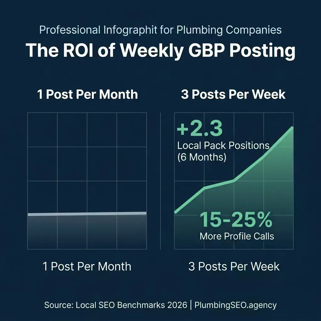 The ROI of Weekly GBP Posting for plumbing companies, showing a 2.3 position gain and 15-25% more calls