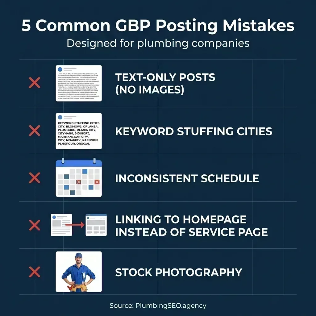 5 Common GBP Posting Mistakes: Text-only posts, keyword stuffing, inconsistent scheduling, linking to homepage, and using stock photography