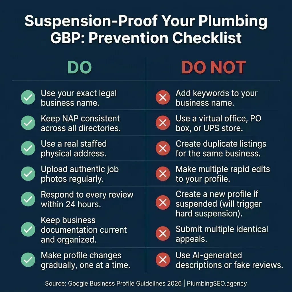 Two-column checklist showing what to do and what not to do to prevent GBP suspension, with 7 items in each column