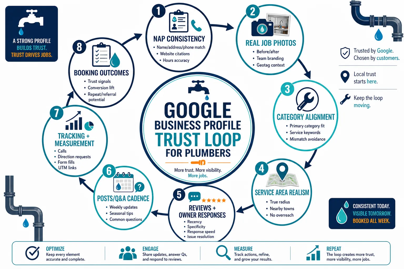 Map Pack trust loop for plumbing companies showing NAP, services, proof, activity, and measurement