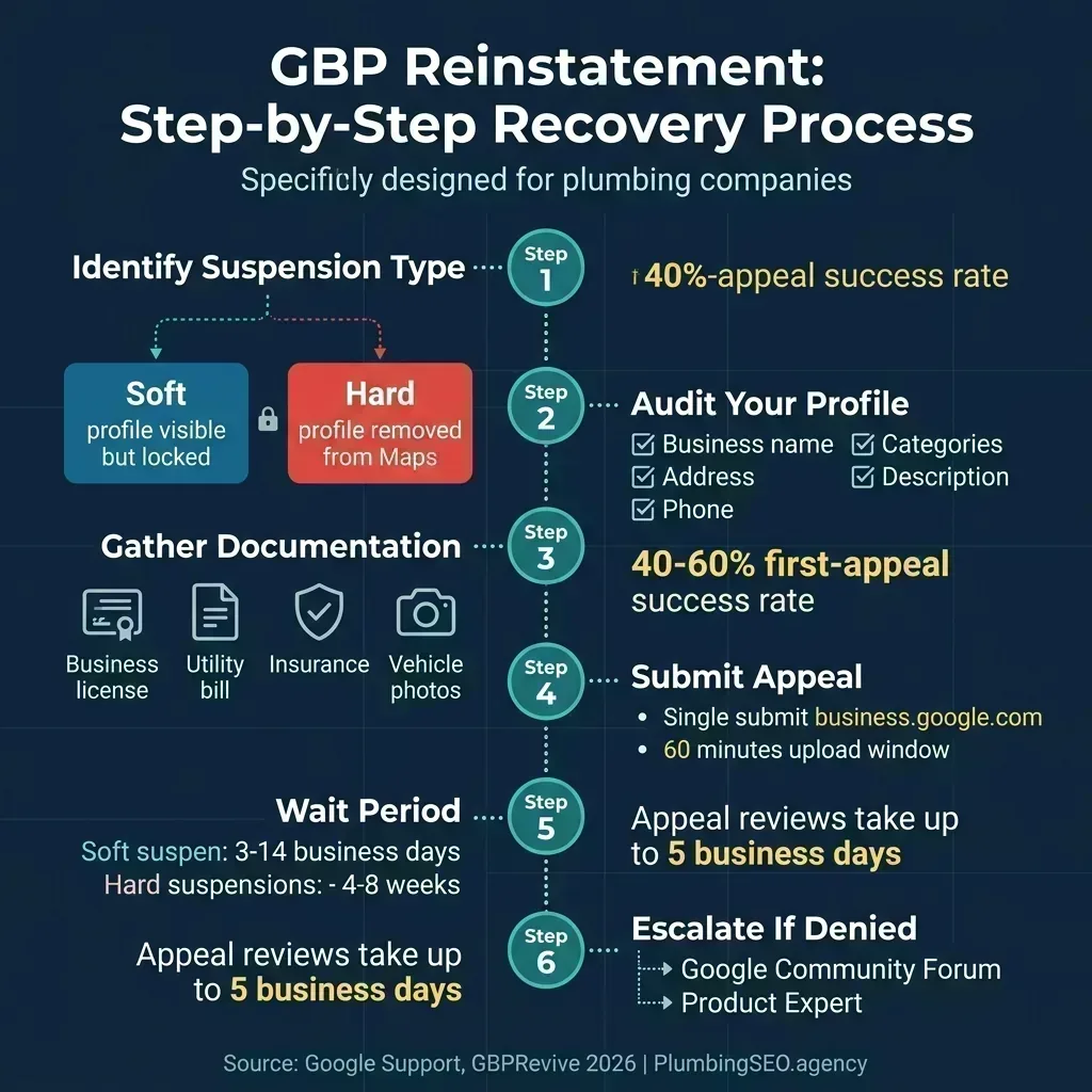 6-step GBP reinstatement process flowchart showing identify suspension type, audit profile, gather documentation, submit appeal, wait period, and escalation options