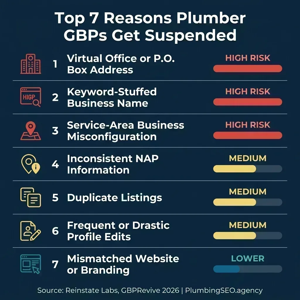 Top 7 reasons plumber Google Business Profiles get suspended, ranked by risk severity from high to lower