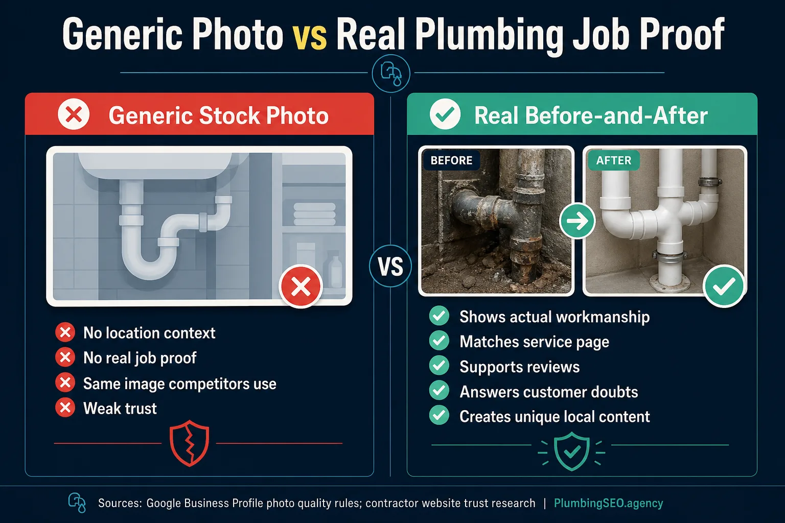 Comparison of generic stock plumbing photos versus real before-and-after job proof for plumbing SEO