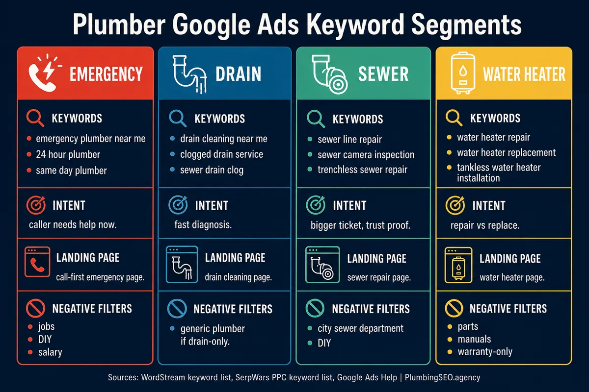 Google Ads keyword segments for plumbers