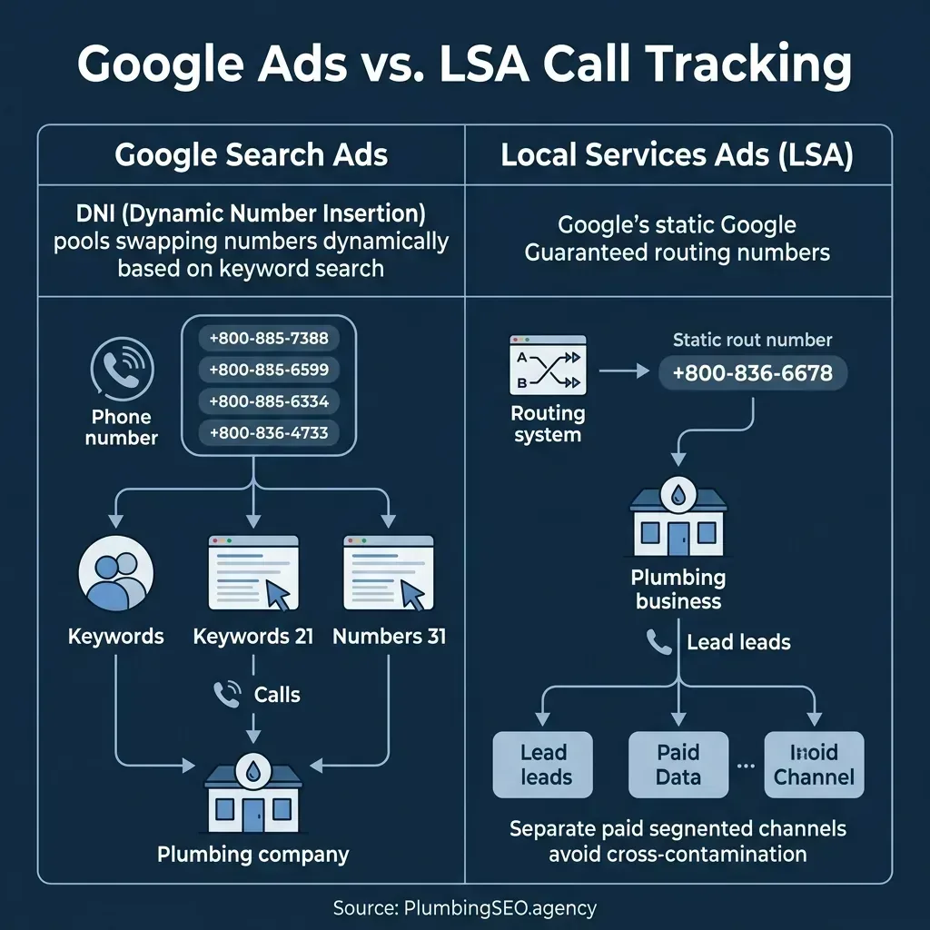 Comparison diagram of Google Ads DNI pools vs Local Services Ads LSA direct tracking