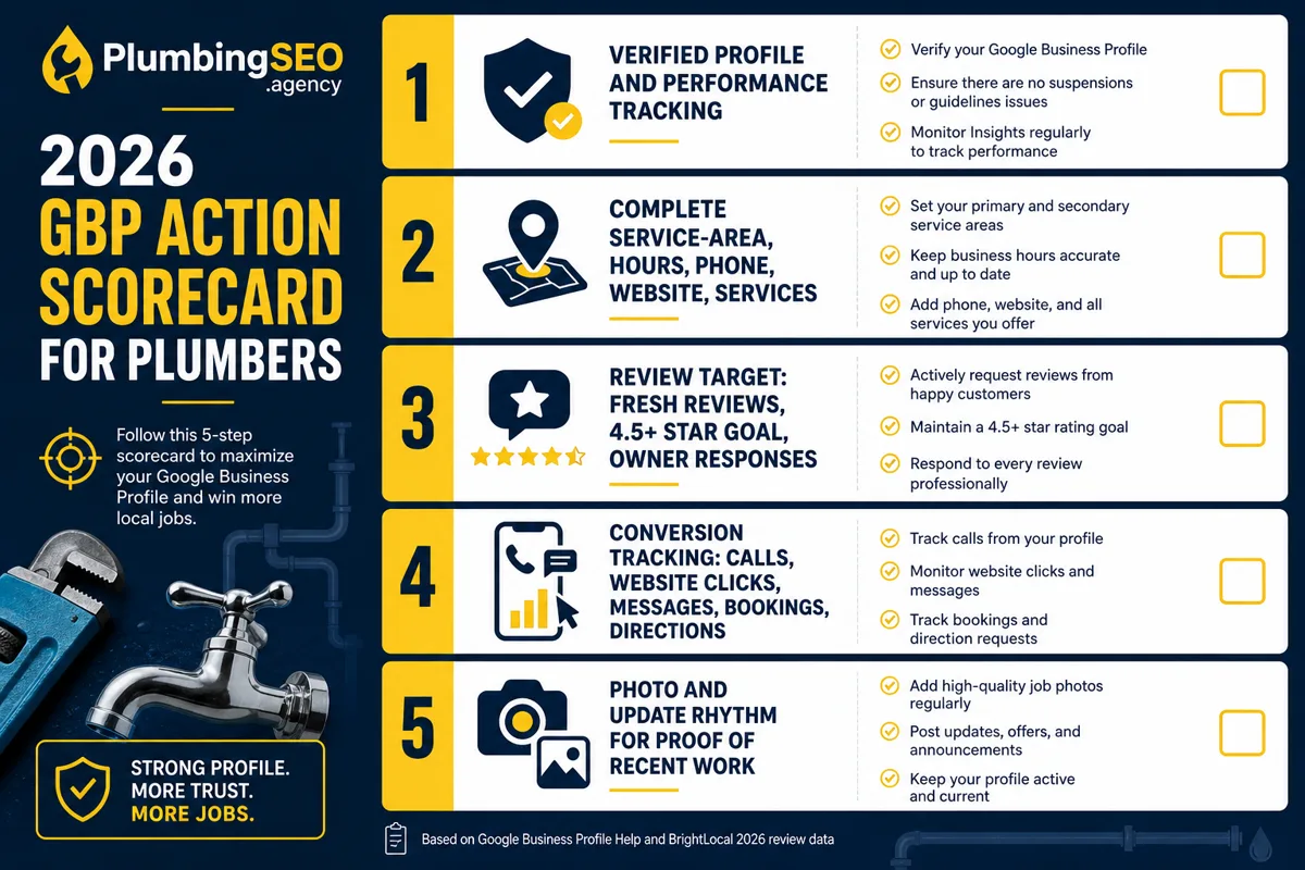 Google Business Profile action scorecard for plumbers showing categories, reviews, photos, citations, service areas, and call tracking