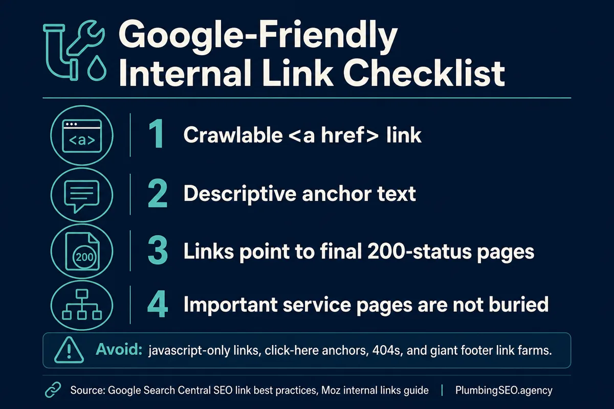 Google-friendly internal link checklist with crawlable href links, descriptive anchor text, final 200-status pages, and unburied service pages