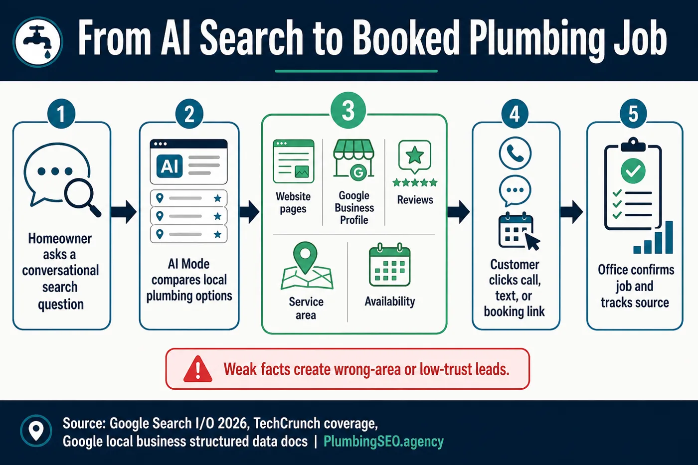 Process infographic showing how a homeowner AI search can turn into a booked plumbing job through local facts, reviews, calls, and booking links.